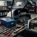 Golf cart lithium battery conversion showing a clean LiFePO4 battery being installed vs old lead-acid