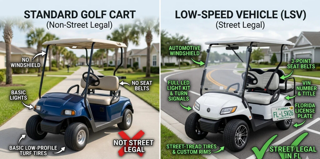 omparison infographic of a standard standard golf cart (left) vs. a modern, compliant Low-Speed Vehicle (LSV) (right) in a sun-drenched Florida neighborhood. The image highlights required LSV street-legal features like a valid Florida license plate, automotive-grade windshield, mirrors, and seat belts, referencing Florida Golf Cart Laws and FL Statutes 320.01(41).