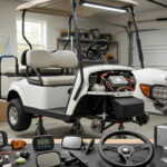 A photorealistic snapshot of a personal workshop dedicated to a custom golf cart project. Foreground shows a workbench with street-legal conversion kit components, including an LED light system, lithium battery pack, side-view mirrors, and a custom steering wheel, laid out on a clean workbench with tools. The background shows a white golf cart being customized with body panels removed.