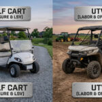 A side-by-side comparison of a white electric golf cart for residential use and a rugged gas-powered UTV with a dump bed for farm work.