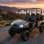The Varyon V4-Lifted, ranked among the best golf carts 2026, featuring matte charcoal finish and lithium battery technology at sunset.