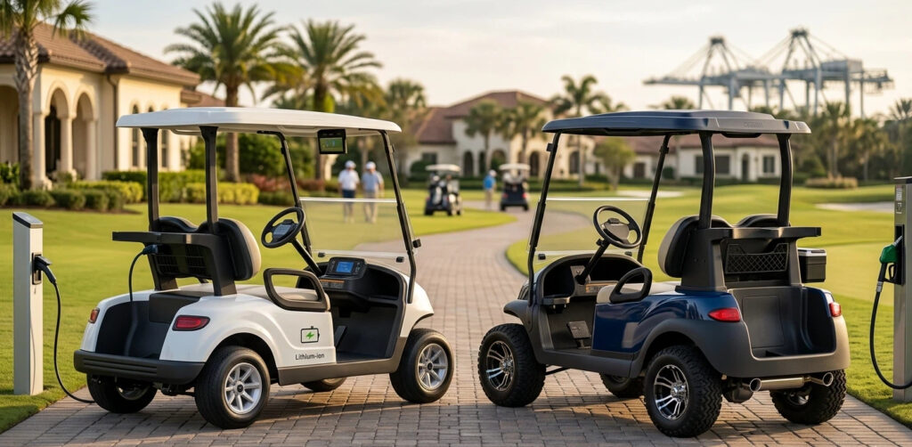 A split-screen photographic comparison. Left: a modern white electric golf cart with a lithium-ion icon on a clean suburban community road. Right: a rugged blue gas-powered golf cart with heavy-duty tires on a dusty farm trail. Soft golden hour light, high detailed textures. No text.