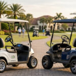 A split-screen photographic comparison. Left: a modern white electric golf cart with a lithium-ion icon on a clean suburban community road. Right: a rugged blue gas-powered golf cart with heavy-duty tires on a dusty farm trail. Soft golden hour light, high detailed textures. No text.