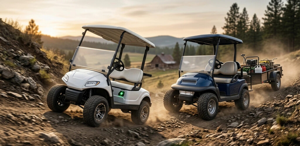 A split-screen photographic comparison demonstrating the 'Performance Duel' between Electric Golf Cart vs Gas Golf Cart. Left: a white electric golf cart with a lithium-ion battery symbol navigating a clean neighborhood road. Right: a blue heavy-duty gas golf cart ascending a rugged, dusty farm trail. Soft golden hour lighting, highly detailed textures. No text embedded.