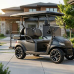A modern 4-seater electric golf cart in matte charcoal with a lithium battery charging station, representing the 2026 golf cart cost for premium residential models.