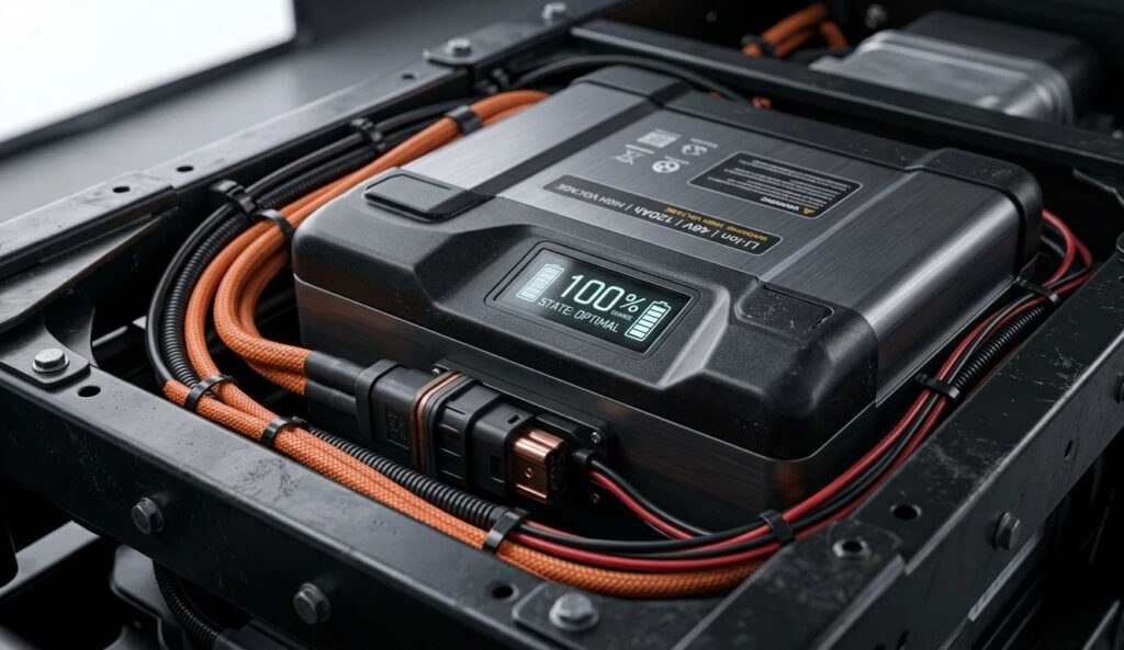 Technical macro close-up of a modern Lithium-ion battery pack for a golf cart. The integrated digital display glows with '100% CHARGE' and 'STATE: OPTIMAL'. Sleek aluminum and composite casing, secure high-voltage wiring within the chassis.