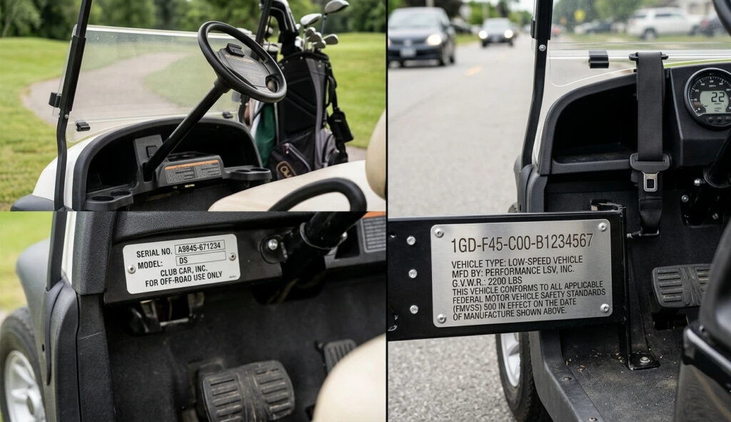 Side-by-side comparison of a standard golf cart off-road serial number and a street legal LSV 17-digit VIN plate with FMVSS 500 compliance text.