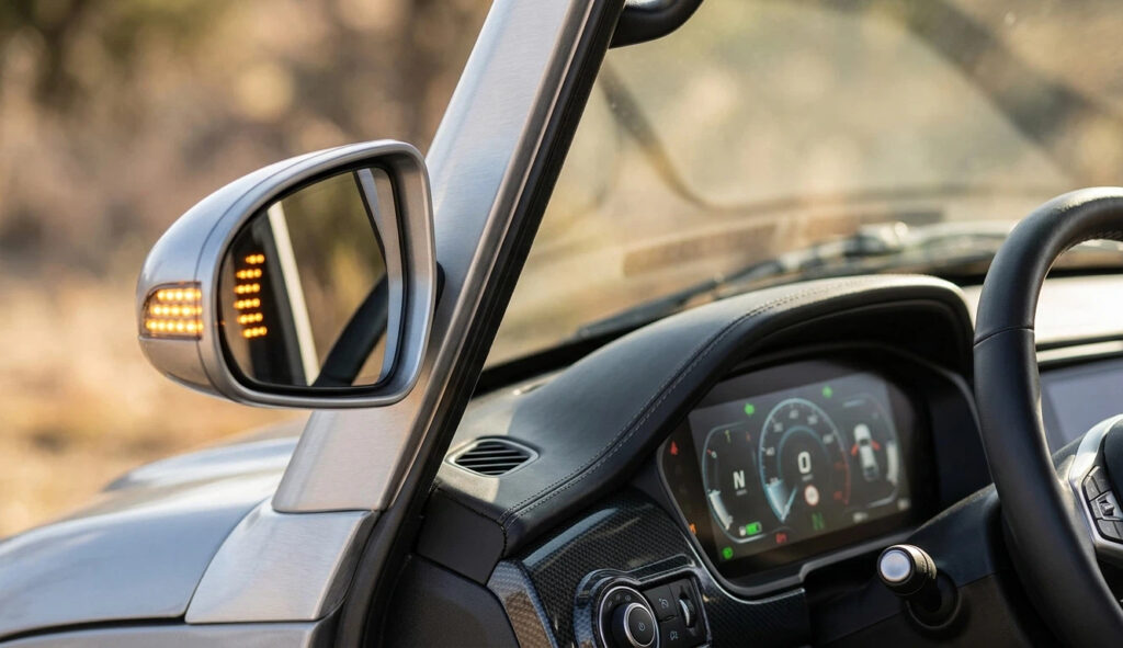 Close-up of integrated LED turn signals in golf cart side mirrors and a digital dashboard for street-legal compliance.