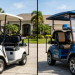 A side-by-side comparison of a standard white golf cart and a street-legal metallic blue LSV in a Florida driveway. The LSV on the right features mandatory safety equipment including LED turn signals, automotive-style side mirrors, and a visible state license plate, while the cart on the left lacks street-legal hardware.