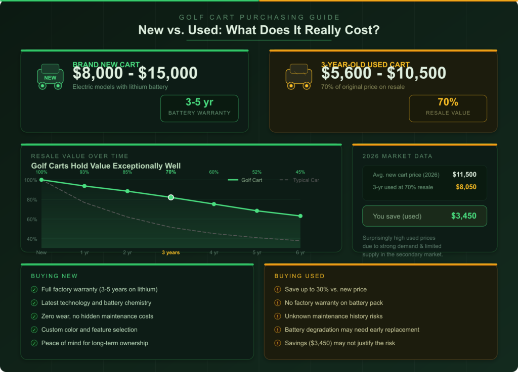 2026 golf cart cost comparison chart: new carts at $8,000-$15,000 with 3-5 year battery warranty vs used carts at 70% resale value, showing depreciation curve and savings of $3,450 when buying used
