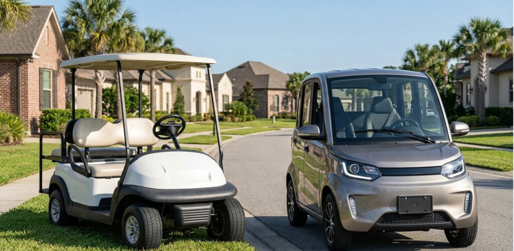 A side-by-side comparison of a white standard golf cart and a metallic silver Neighborhood Electric Vehicle (NEV) on a suburban street, illustrating the physical differences for street legal compliance.