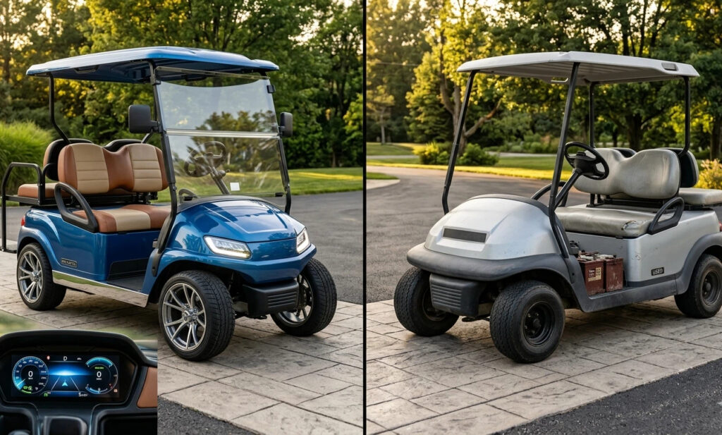 Split-screen comparison of a brand-new luxury electric golf cart with a digital dashboard and a pre-owned used golf cart in a driveway setting.