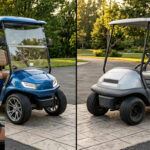 Split-screen comparison of a brand-new luxury electric golf cart with a digital dashboard and a pre-owned used golf cart in a driveway setting.