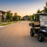 A street-legal golf cart parked on a modern suburban road during golden hour, highlighting DOT-approved safety features required for a golf cart license.