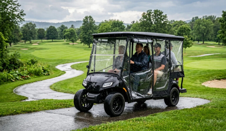 4-passenger-golf-cart-enclosure-driving-in-rain electric golf cart