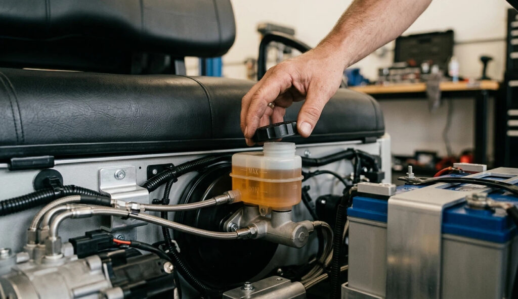 A close-up photo showing how to check the hydraulic brake fluid level in a golf cart's master cylinder to ensure the maintenance of Golf Cart Disc Brakes.