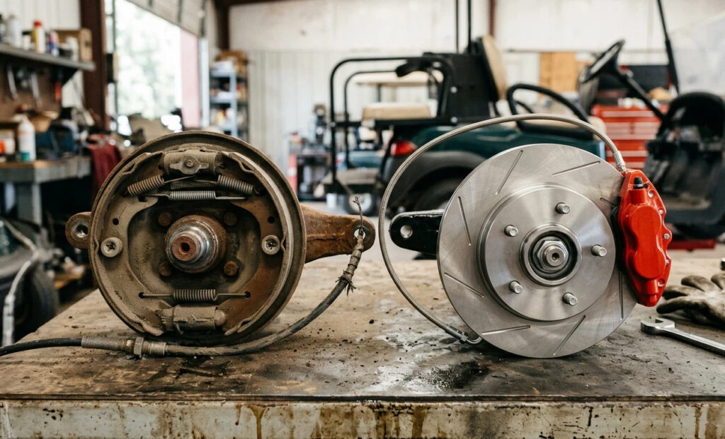 A side-by-side comparison of golf cart braking technology: On the left is an old, rusty mechanical drum brake assembly; on the right is a modern hydraulic golf cart disc brake conversion kit with a slotted rotor and caliper.