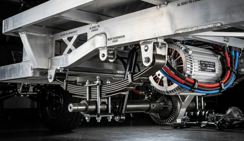 Technical close-up of a work golf cart with cargo bed showing heavy-duty leaf spring suspension and high-torque AC motor on a rust-proof aluminum frame.