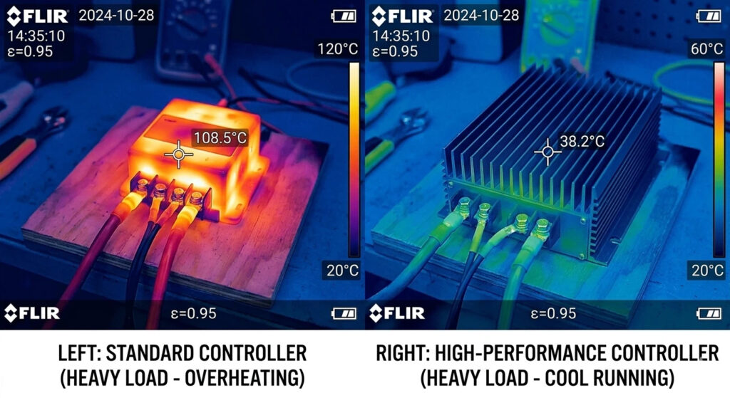 Thermal imaging comparison showing a stock golf cart controller overheating at 108.5°C versus a high-performance controller with heat sinks running cool at 38.2°C under heavy load.