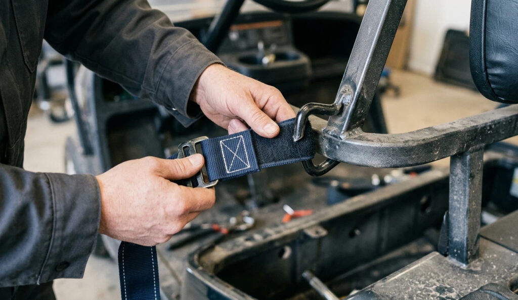 Close-up of hands performing a golf cart enclosure installation, securing a heavy-duty navy blue Velcro strap and metal hook to the vehicle frame for a tight fit.