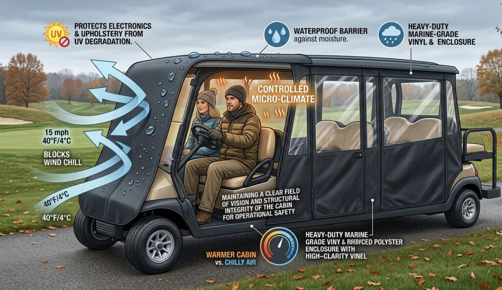 nfographic showing how a heavy-duty golf cart enclosure blocks 15mph wind chill at 40°F, creating a controlled micro-climate while protecting electronics from UV rays and moisture.