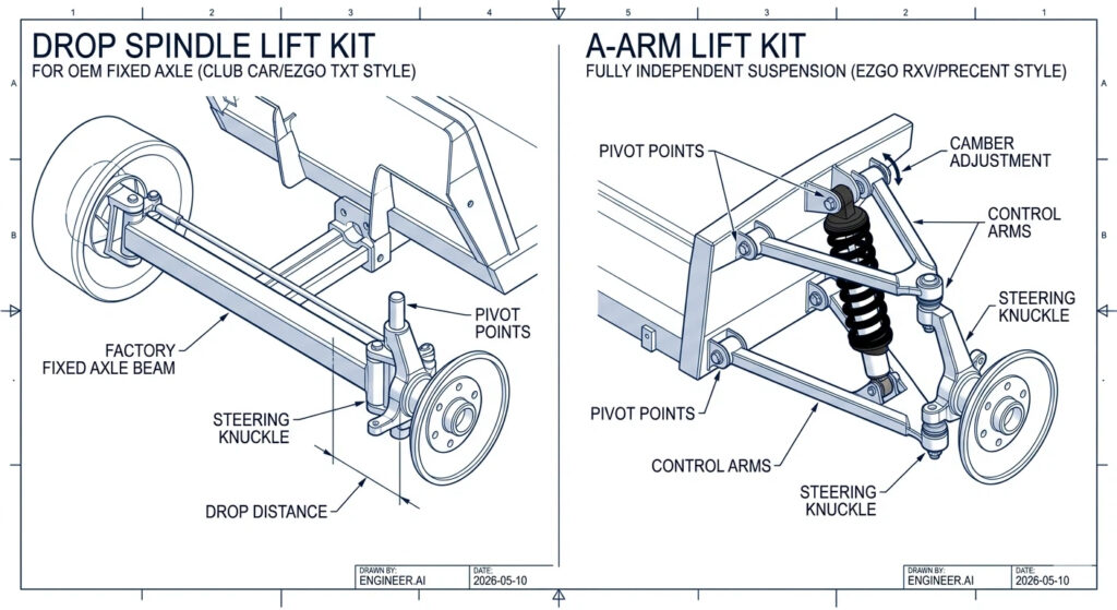 Technical 3D blueprint comparing Drop Spindle vs A-Arm golf cart lift kits, showing steering knuckles, control arms, and pivot points for Club Car and EZGO suspension systems.