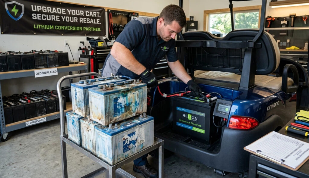 Side-by-side comparison of corroded lead-acid batteries and a new LiFePO4 lithium battery installation in a golf cart to secure higher golf cart resale value.