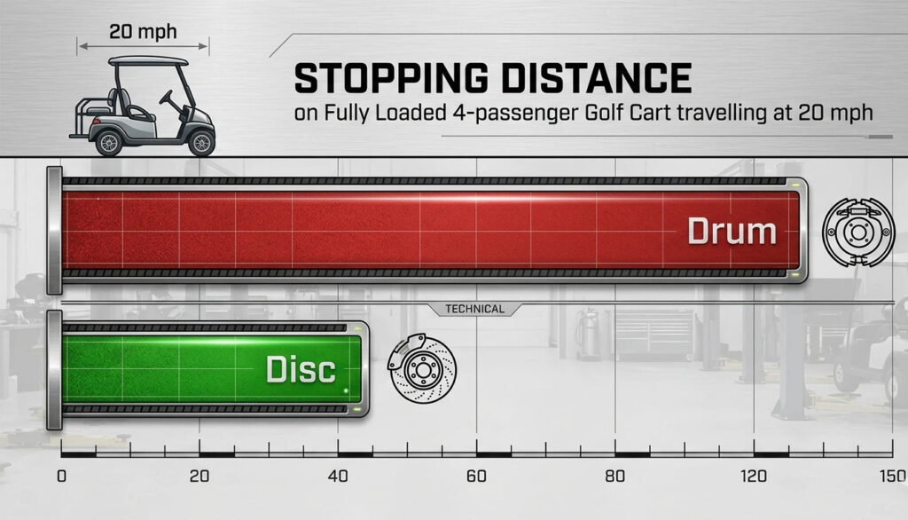 Technical infographic comparing stopping distances of a 4-passenger golf cart at 20 mph: Hydraulic Disc Brakes show significantly shorter braking distance than mechanical drum brakes.