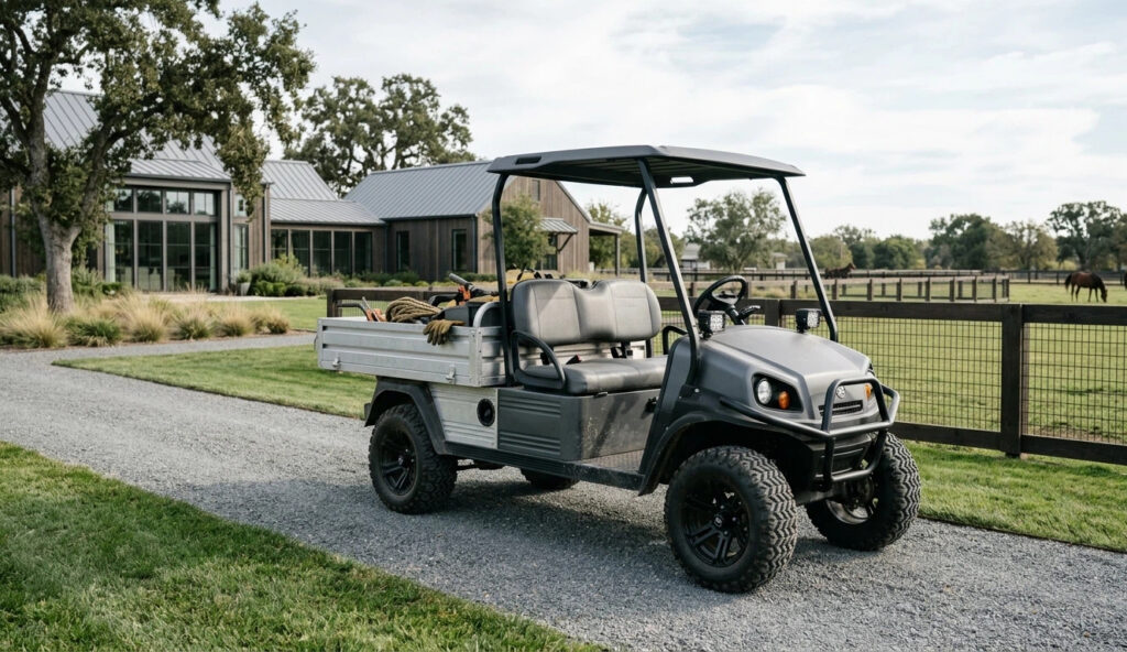 A charcoal gray utility golf cart for farm use featuring an aluminum cargo bed and all-terrain tires, parked on a gravel path of a professional estate.