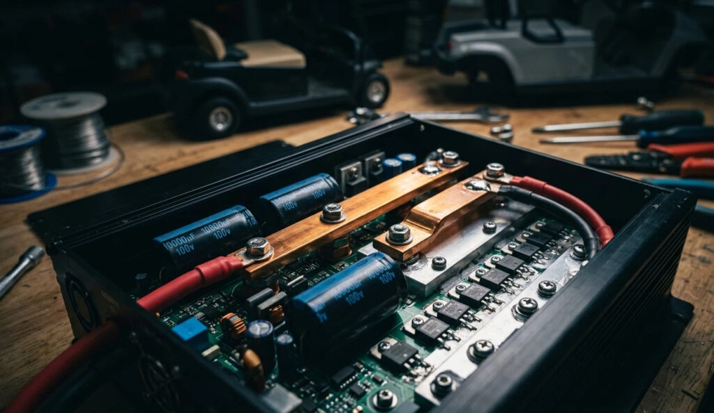 Interior view of a heavy-duty aftermarket golf cart speed controller showing copper bus bars, capacitors, and MOSFETs for high torque programming.