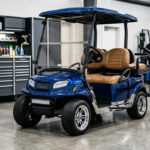 A luxury blue Club Car golf cart with ceramic coating in a professional garage to maximize its golf cart resale value.