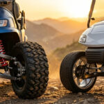 A side-by-side comparison of two lifted golf carts on a rugged trail: a blue cart with a heavy-duty A-arm lift kit and off-road tires vs a white cart with a spindle lift kit and street performance wheels.