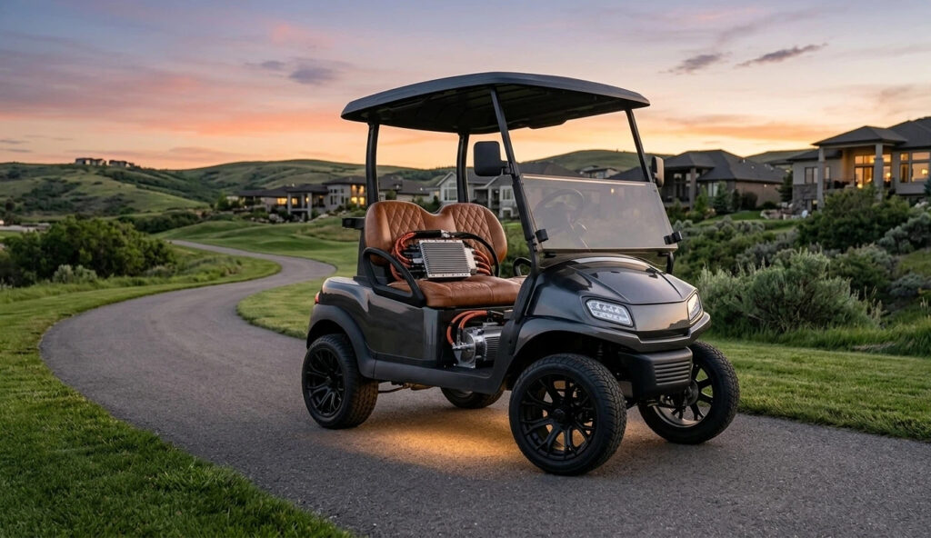 A custom high-performance golf cart with upgraded speed controller and motor driving on a hilly residential road during sunset, showcasing hill-climbing power.