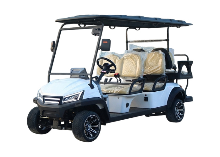 custom six seat golf cart showing accessory and trim choices