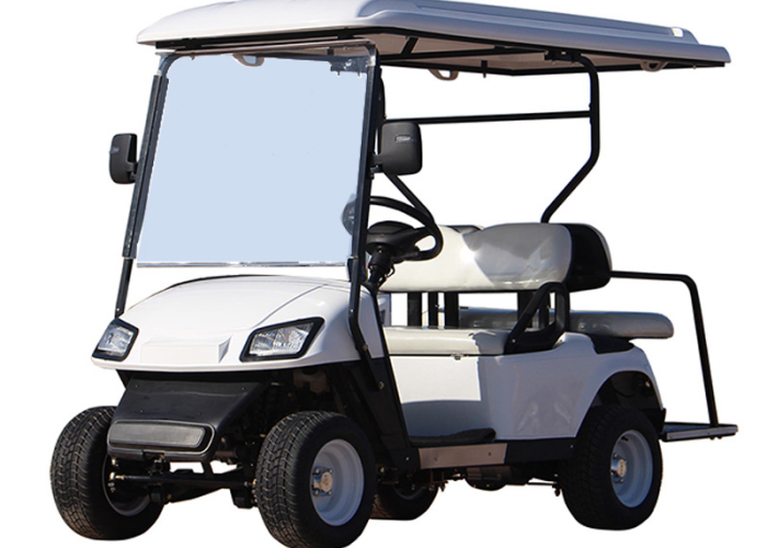 2+2 electric golf cart prepared for guest luggage transfers and community mobility