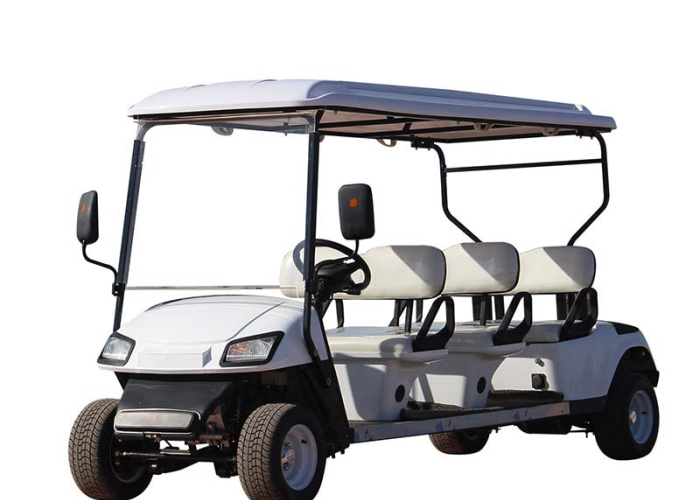 6 seater electric golf cart parked near a hotel guest arrival area