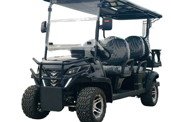 six passenger electric golf cart side view for resort shuttle planning