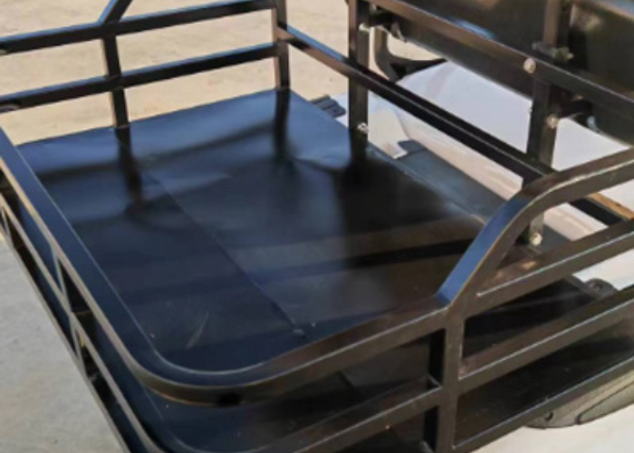 B type electric golf cart operating on a facility route with stops and cargo checks
