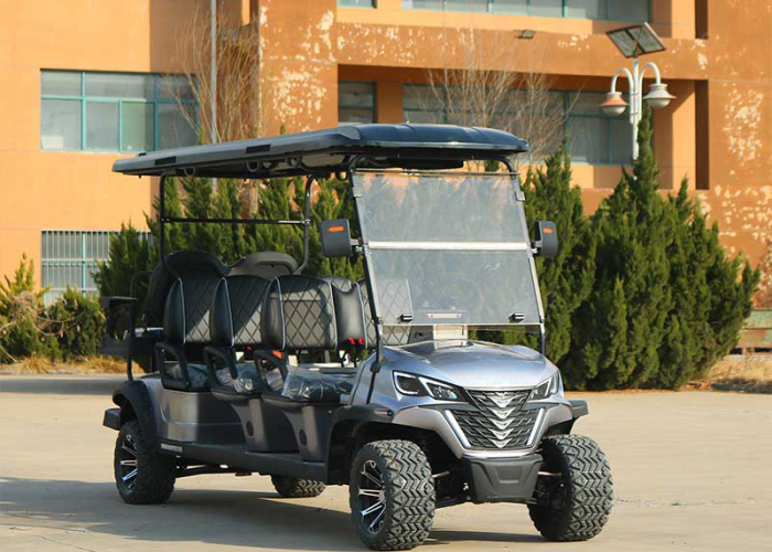 8 seater electric golf cart parked at a campus tour boarding stop