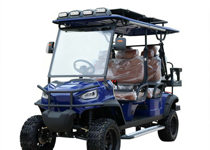 electric golf cart positioned for hotel guest shuttle service