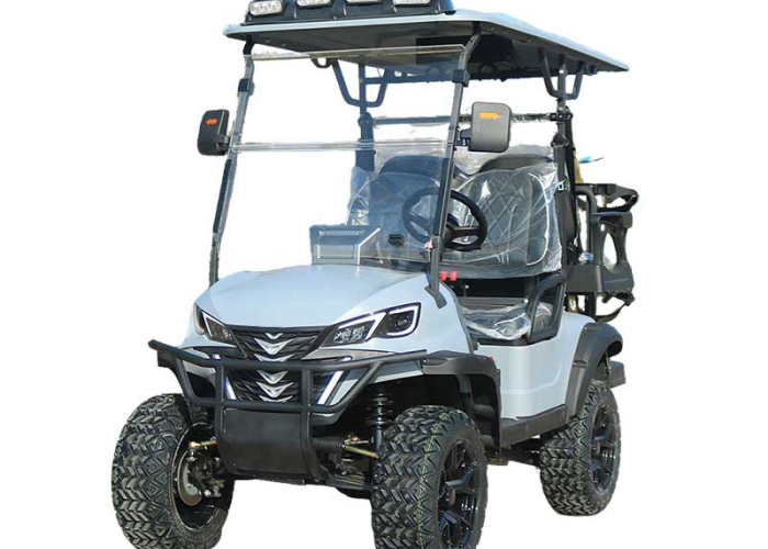 electric golf cart parked beside a hotel walkway and charging bay