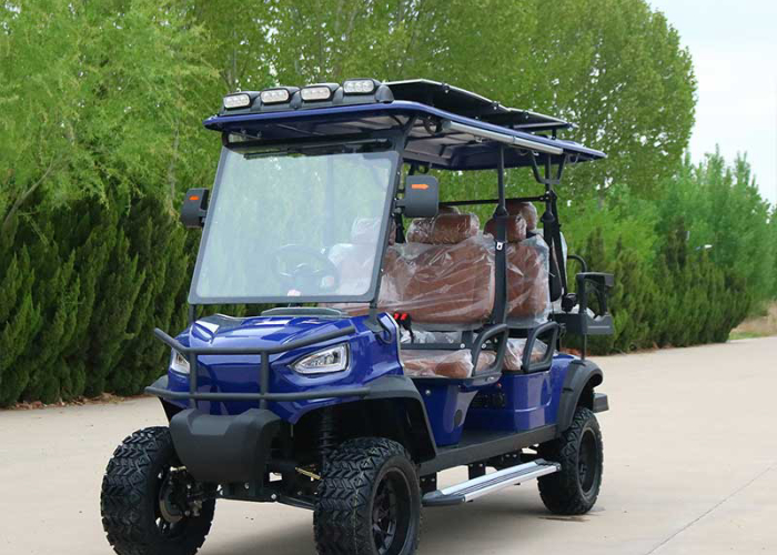 electric golf cart with lights and side profile for property patrol rounds