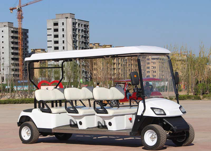 electric golf cart fleet parked after charger turnover and end of shift checks