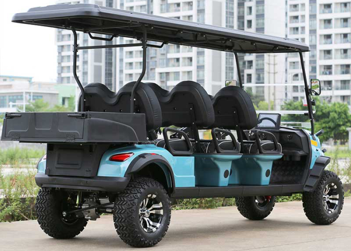 electric golf cart staged after route safety audit and charging area review